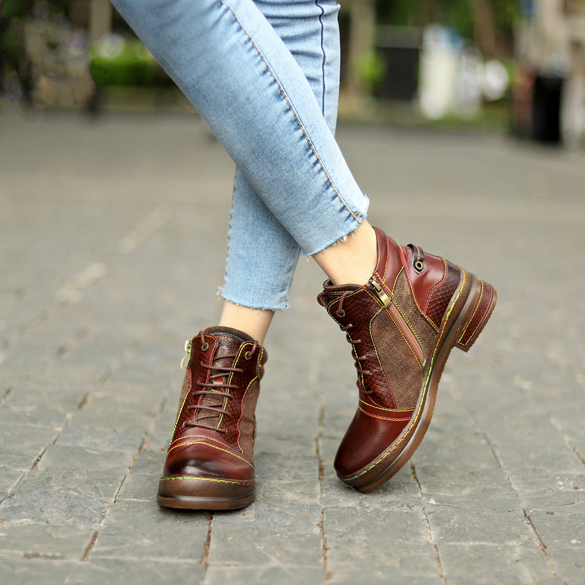 Women's Retro Textured Texture Motorcycle Chunky Women's Leather Boots
