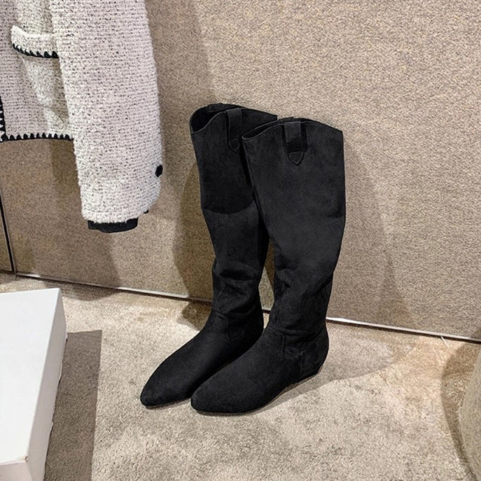 Women's Cut Pointed Toe Suede Height Increasing Insole Chunky Tall Women's Leather Boots
