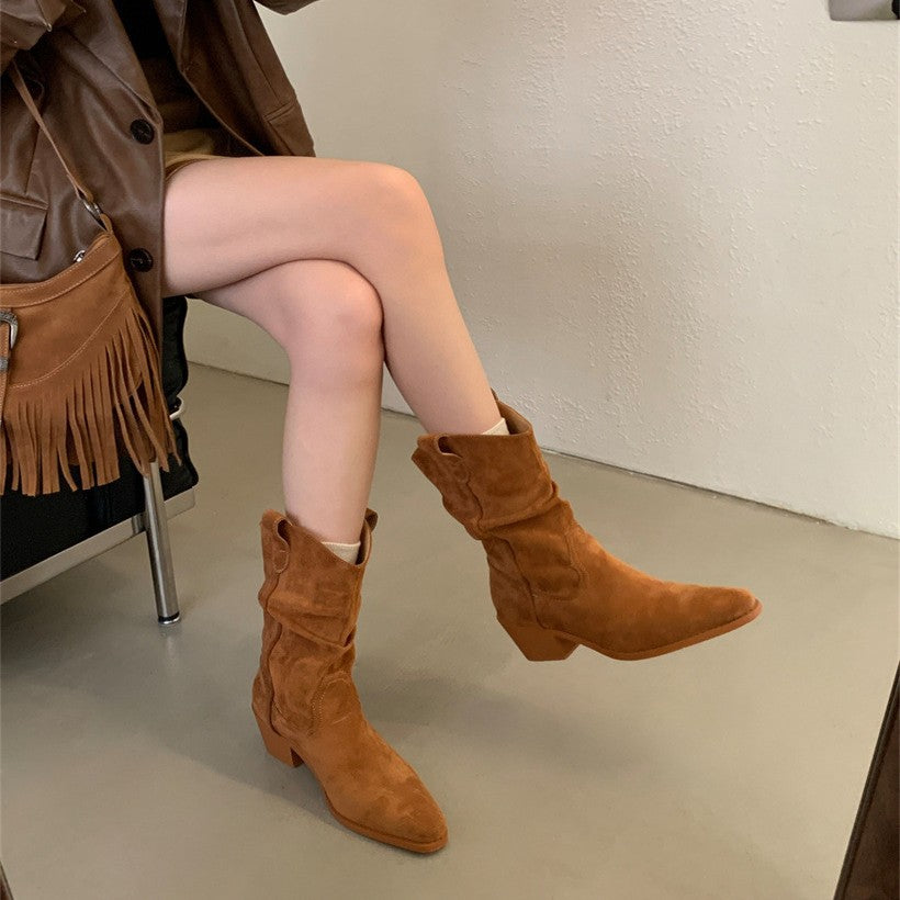 Chunky French Retro Pointed Western Cowboy Ankle Boots