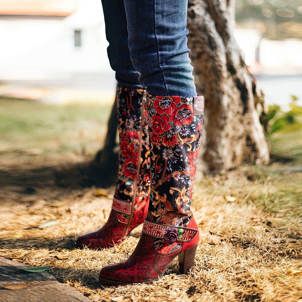 Women's Old Retro Style Three-dimensional Flower Warm Knee-high Women's Leather Boots