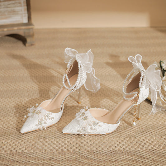 Women's White High Stiletto Pearl Bridal Bow Bridesmaid Versatile Heels