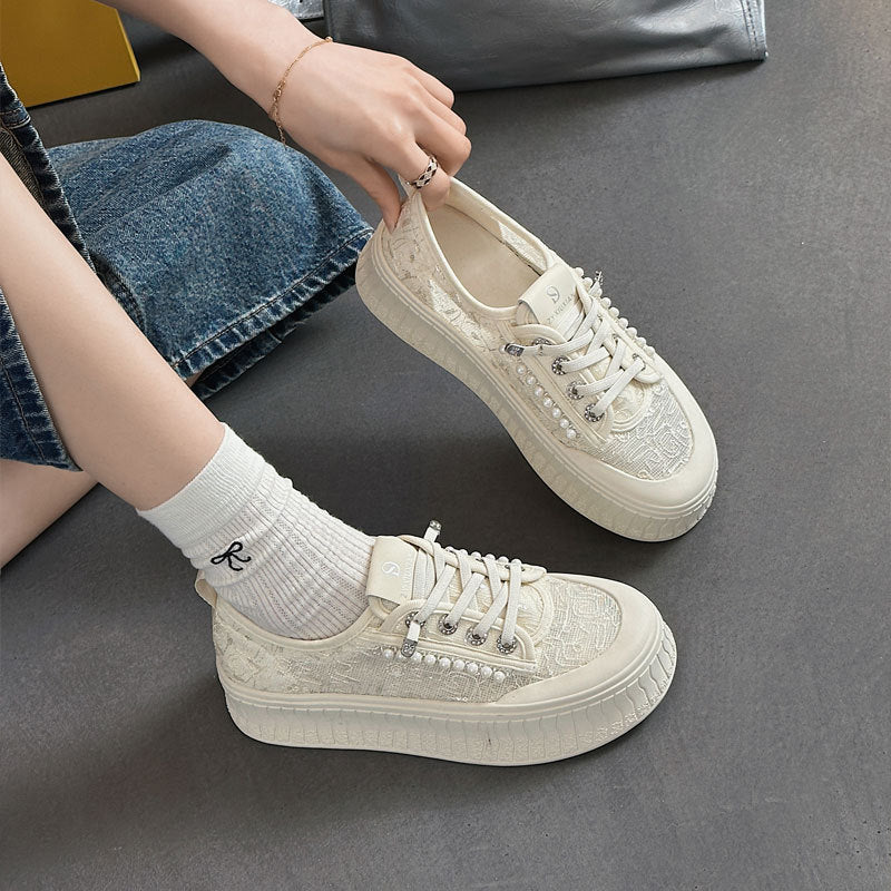 Women's Genuine Platform Pearl Biscuit White Fashionable Soft Women's Casual Shoes