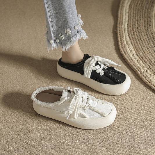 Women's Summer Round Tip Pump Frayed Half Slippers