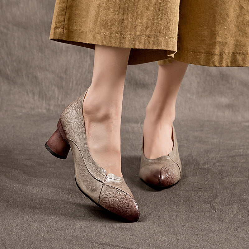 Women's Mouth Embossed Top Layer Cowhide Pointed Toe Women's Casual Shoes