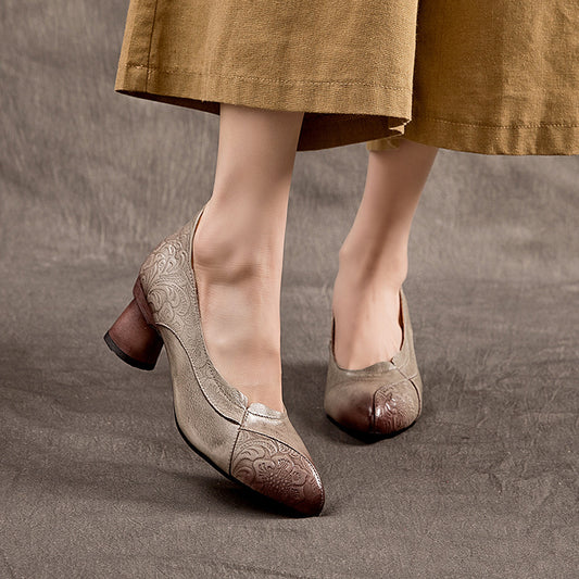 Women's Mouth Embossed Top Layer Cowhide Pointed Toe Women's Casual Shoes