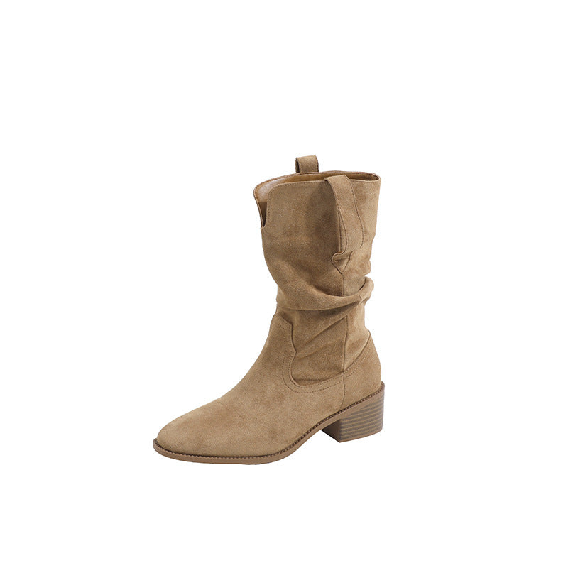 Women's Cowboy Pointed Toe Chunky Pleated Pile Style Short Martin Boots