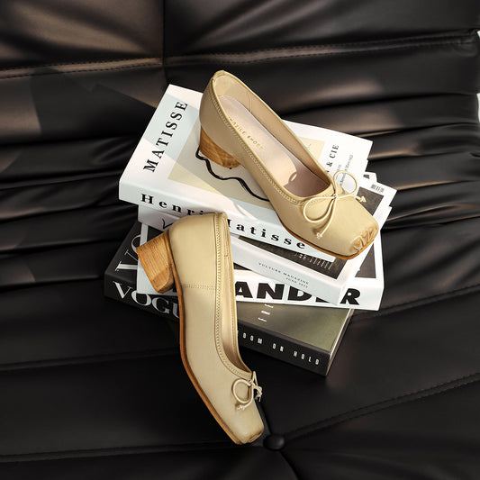 Women's Bowknot Ballet Pumps Vintage Mid Chunky Pig Women's Shoes