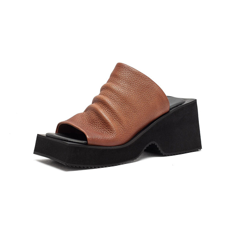 Women's Style Fashionable First Layer Cowhide Square Toe Small Raise The Women's Shoes