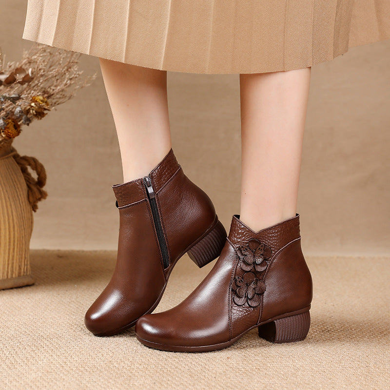 Women's Surface Cattlehide Fashion Medium Chunky Flower Women's Shoes