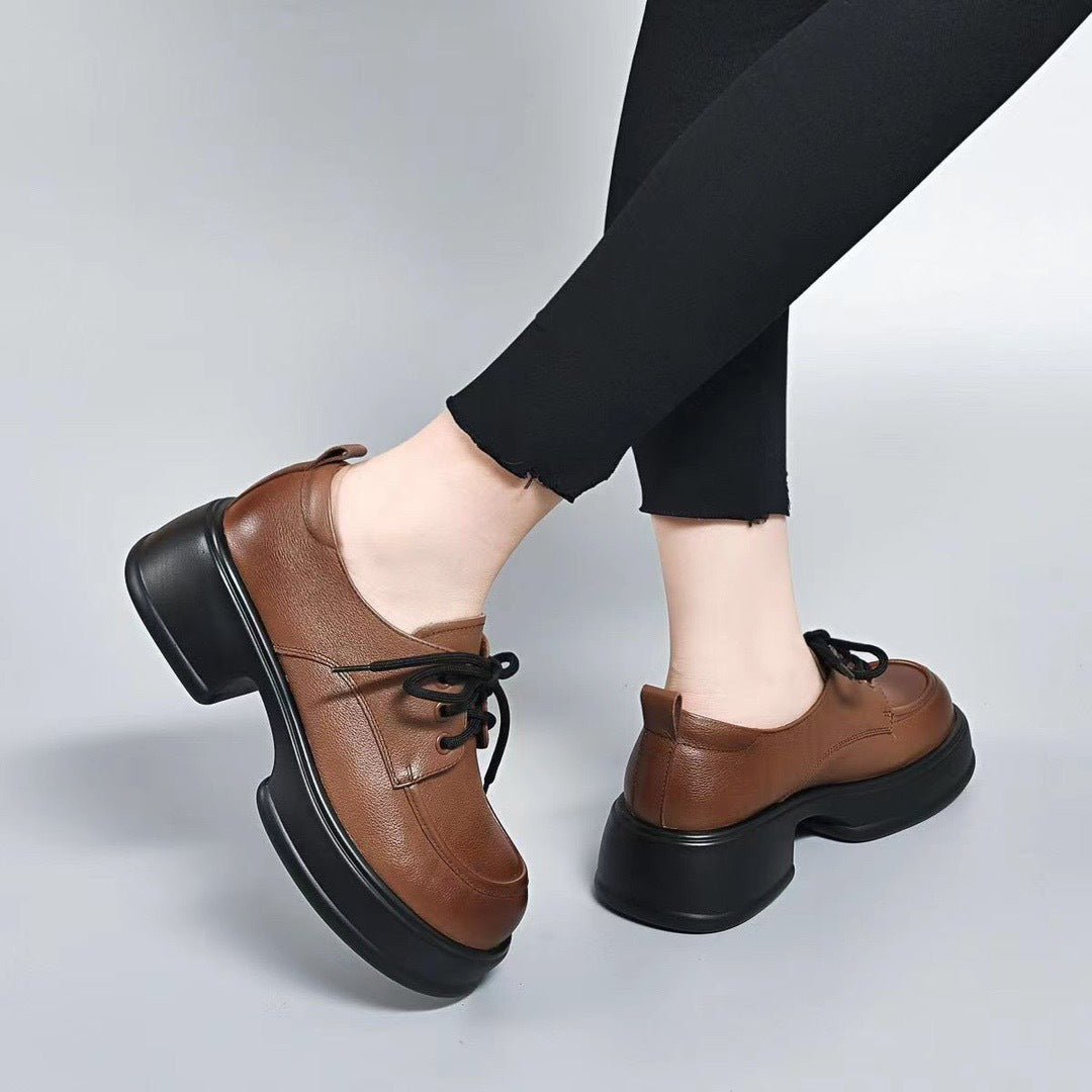 Women's Genuine Retro Lace Up British Style Increased Round Head Thick Loafers