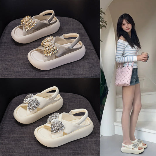 Women's Outdoor Summer Fashion Bow High-grade Rhinestone Platform Sandals
