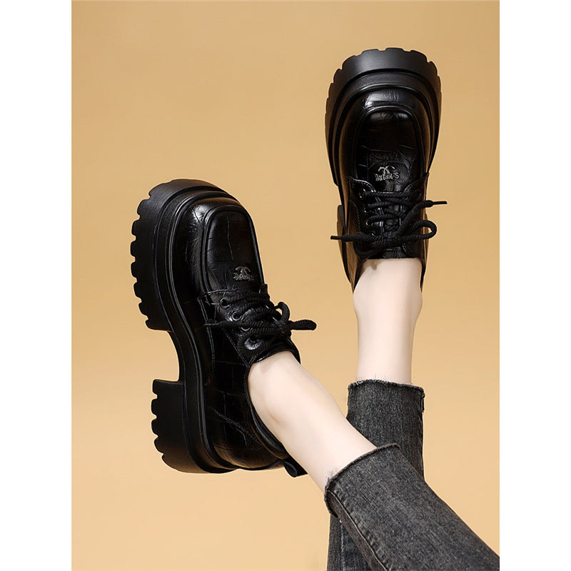 Women's Platform Black Tie Round Toe Mid Slimming Soft Bottom Women's Fashion Shoes