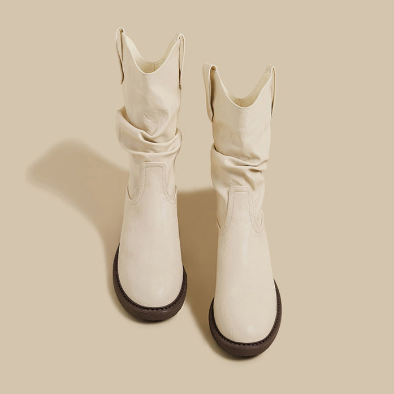 Women's Retro White Ankle Chunky Pleated Pile Style Hight Increasing Women's Leather Boots