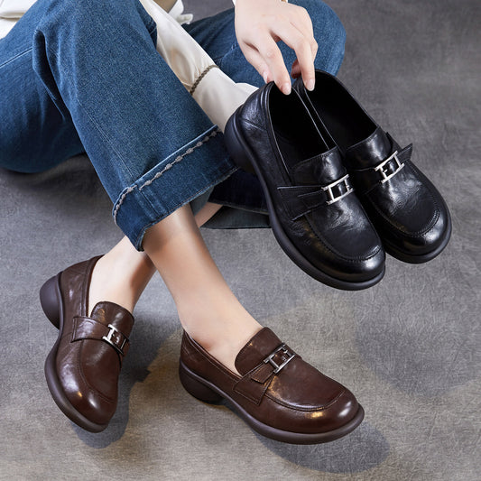 Women's Round Toe Soft Bottom Vintage Belt Buckle Mid-mouth Loafers