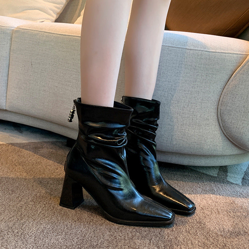 Women's Ankle Pleated Square Toe High Plus Women's Leather Boots