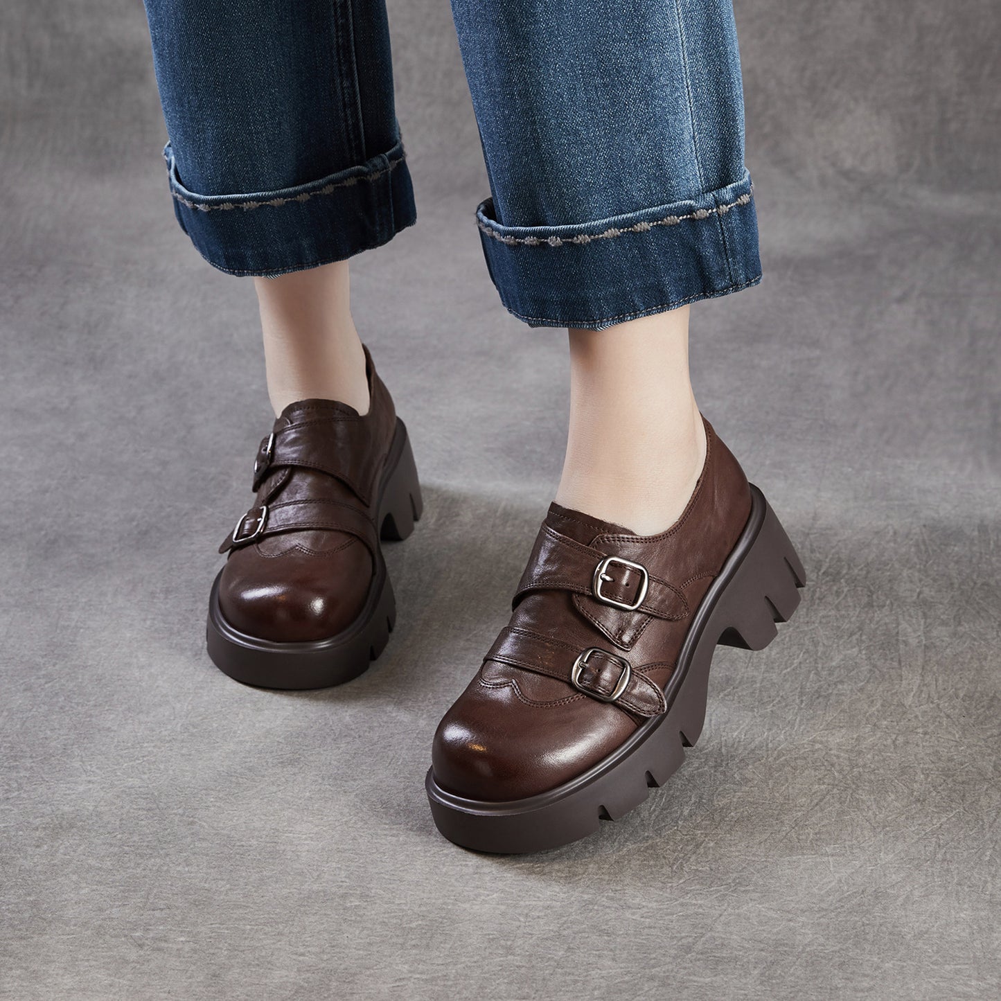 Women's British Retro Spring Thick-soled Small Fashionable Show Feet Leather Shoes