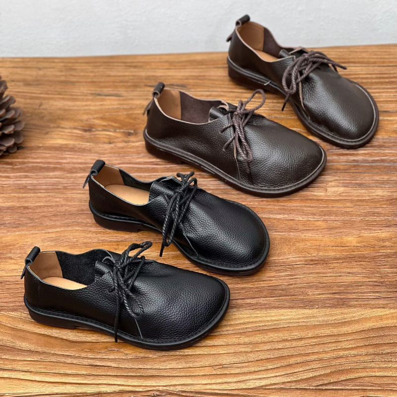 Women's Handmade Cowhide Four Retro Artistic Round Head Soft Bottom Large Leather Shoes