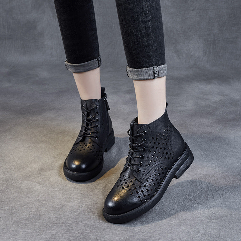 Women's Spring First Layer Cowhide Hollow Short Boots