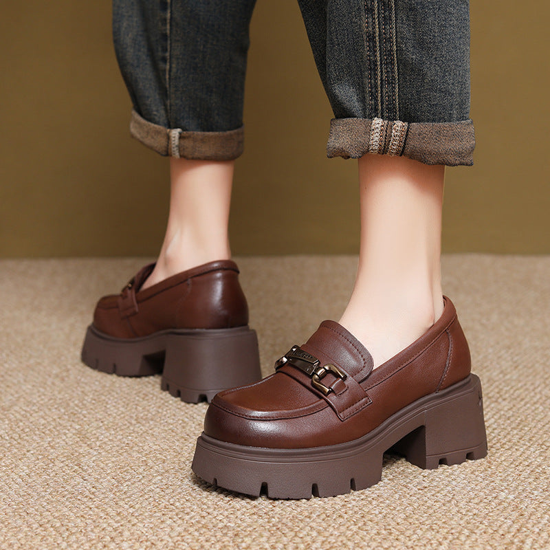 Women's First Layer Cowhide Retro British Style Autumn Platform Versatile Single-layer Loafers