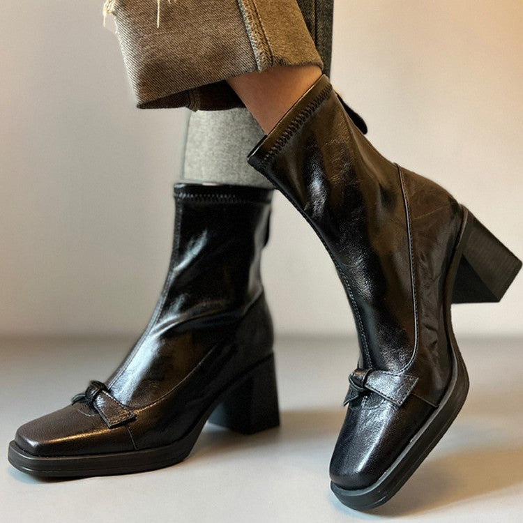Square Toe Booties Bowknot Chunky Stretch Thin Versatile Mute Boots