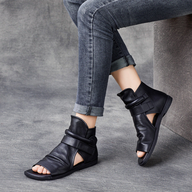 Handmade Cowhide Velcro Fish Mouth Single Flat Sandals