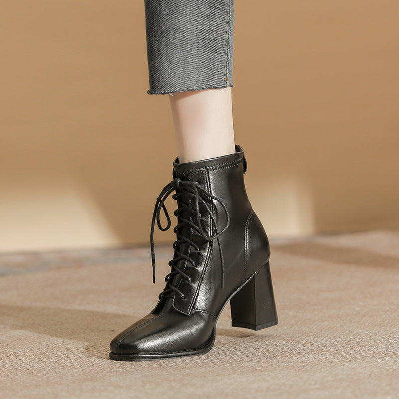 Women's Winter High Simple Square Toe Fashion Chunky Back Zip Women's Leather Boots