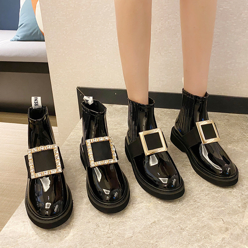 Women's Ankle Rhinestone Square Buckle Patent British Boots