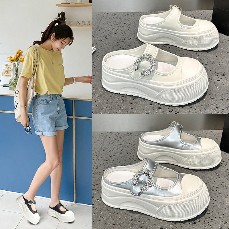 Women's Mary Jane Rhinestone Platform Muffin White Thick-soles Slippers
