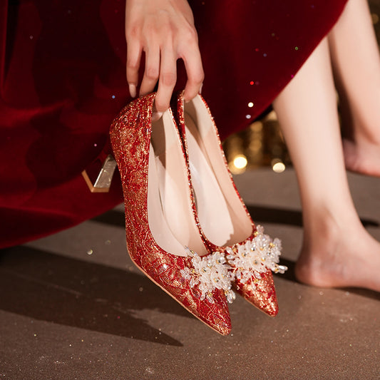 Chinese Style Red Thick Wedding Bridal Not Tired Feet High Women's Fashion Shoes