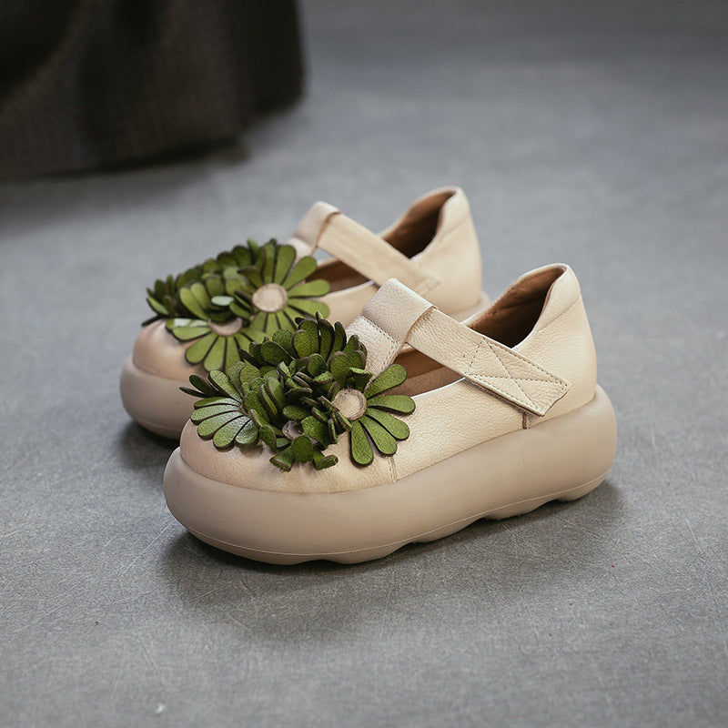 Women's Flower Ethnic Style Fashion Velcro Pumps First Layer Cowhide Women's Casual Shoes