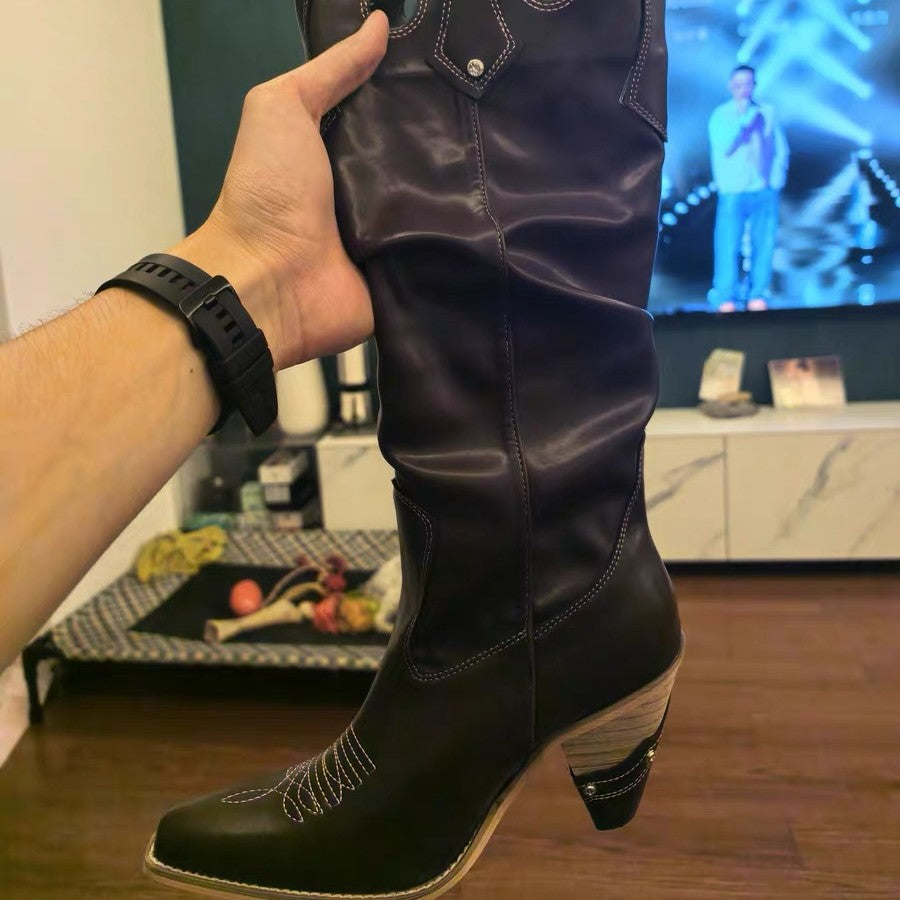 Women's Dark Brown Soft Cowboy Height Increasing High-heeled Thigh Hollow Sleeve Boots