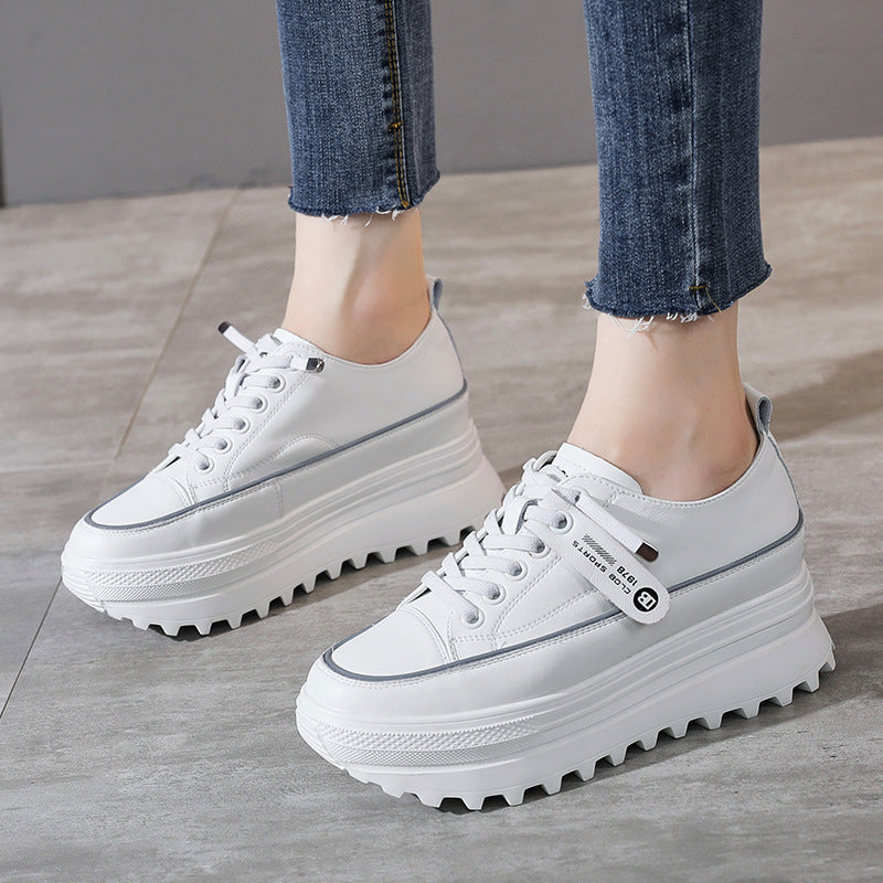 Women's Cowhide Low-cut White Thick Bottom Increased Spring Lightweight Exercise Casual Shoes