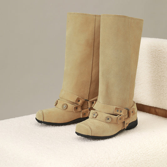 Women's Minority Square Toe Belt Rivet Button Women's Leather Boots
