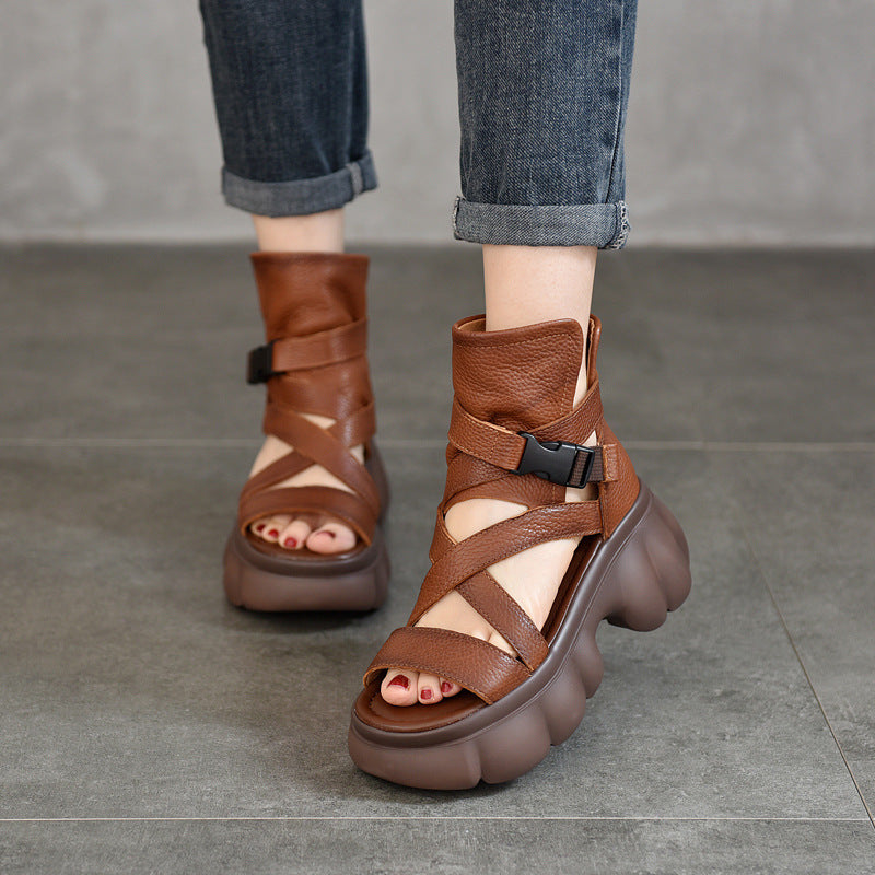 Price First Layer Cowhide Hollow Platform Genuine Sandals