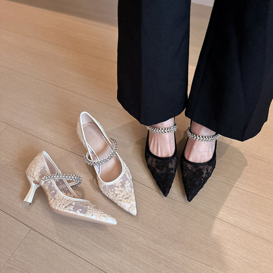 Lace Pointed Toe High Pumps Rhinestones Women's Shoes