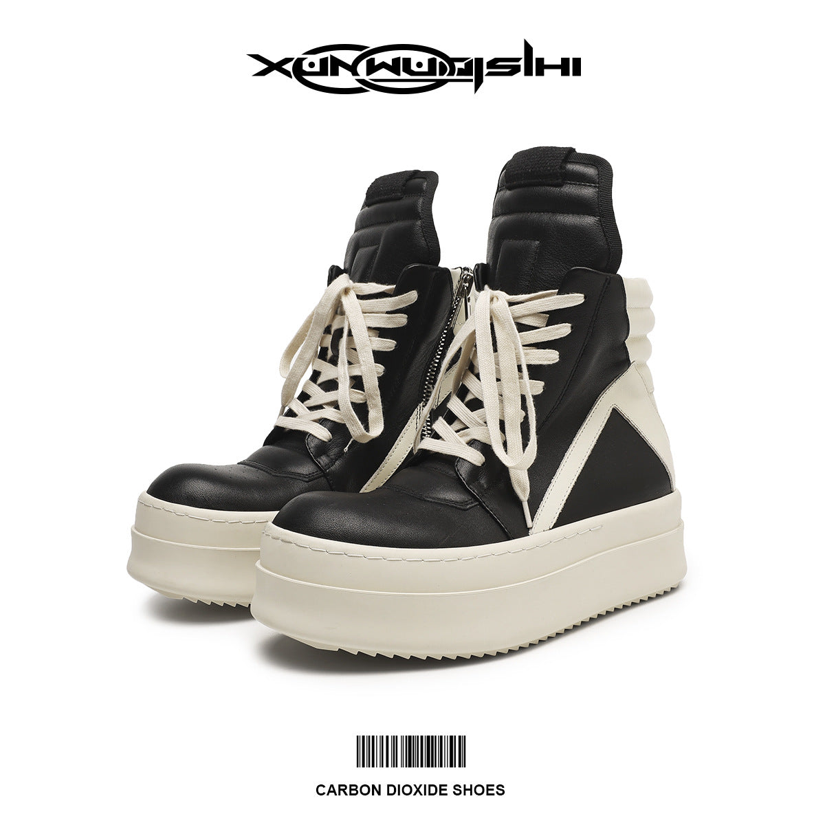 Men's Triangle Platform Black White Fashion Genuine Dark Boots