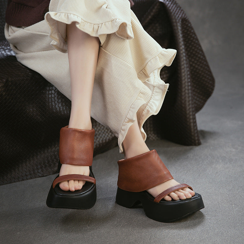 Women's Retro Style For Outer Wear Head Layer Thick-soles Slippers