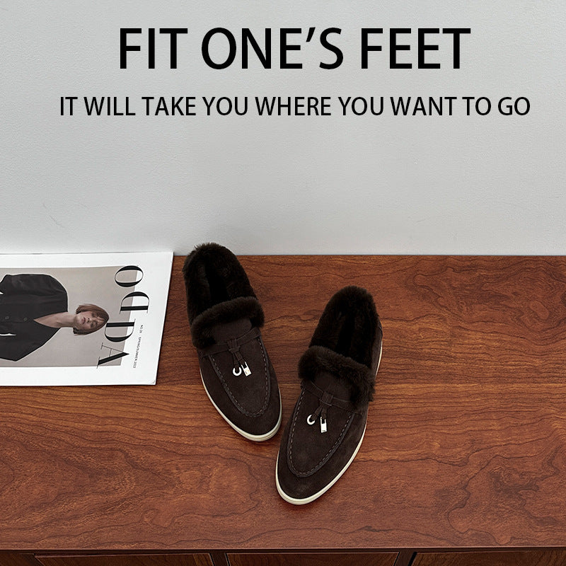 High Version Fleece-lined Closed Toe Wool Flat Loafers