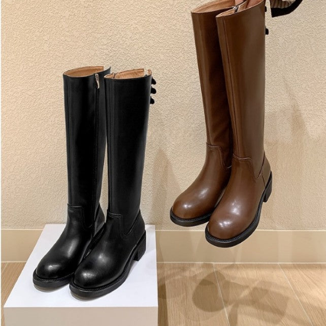 Version French Chunky Belt Buckle Side Zipper Slimming Straight Female Women's Leather Boots