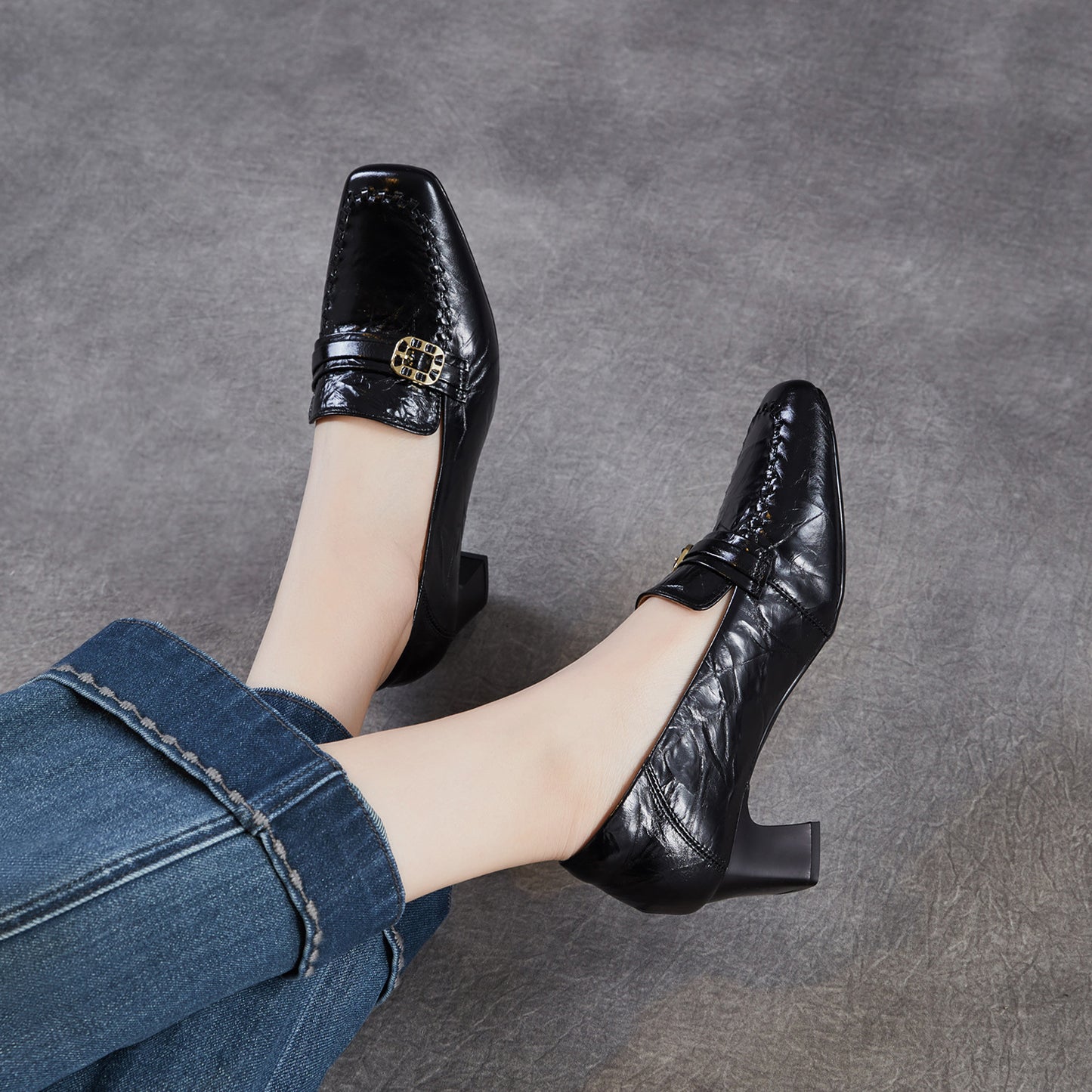 Women's Cowhide Light Luxury British Spring Comfortable Square Toe Slip-on Chunky Heels