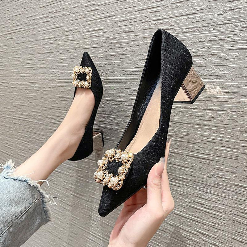 Small Chunky High Spring Fashion Pearl Women's Shoes