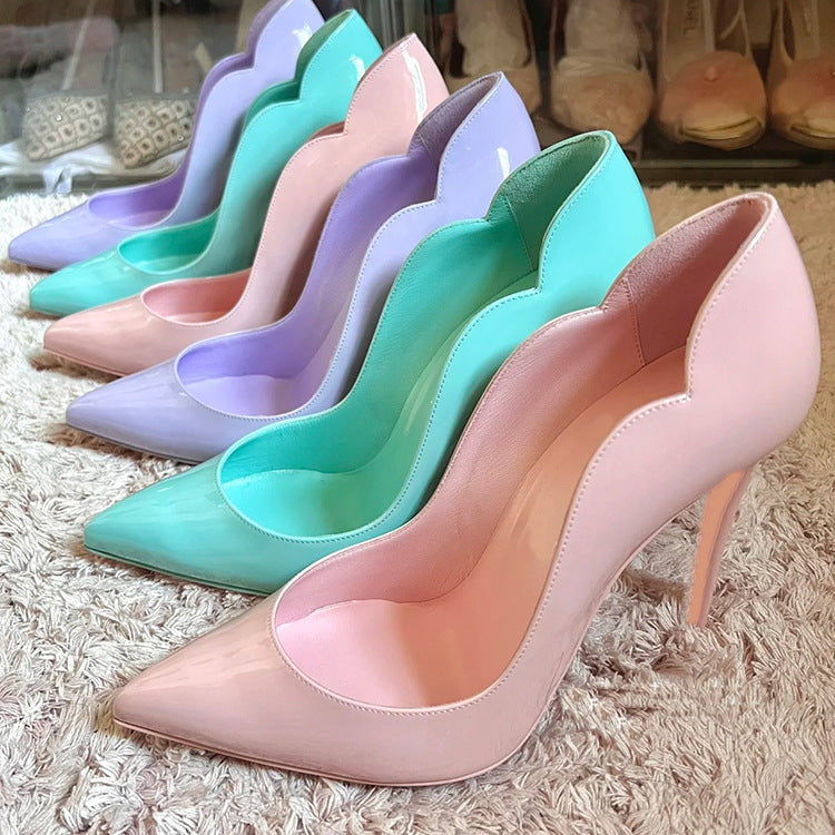 Women's Large Size Green Patent Side V Pointed Low-cut Women's Fashion Shoes