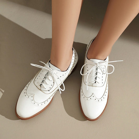 Women's Style Brogue Retro Flat Bottom Chunky Pumps Oxford Female Leather Shoes