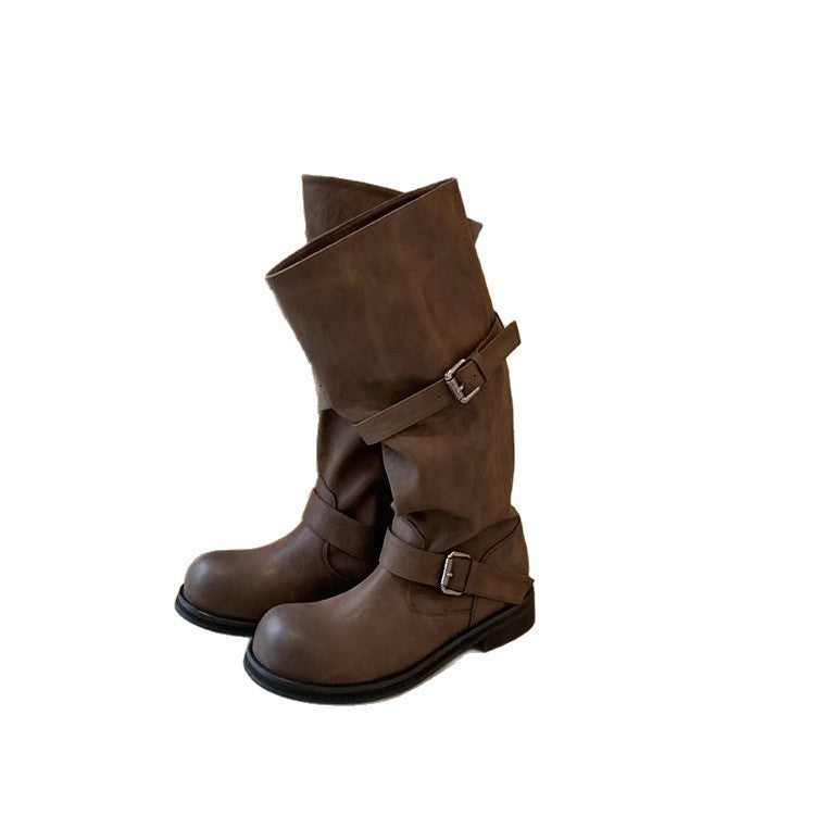 Large Round Toe Pants Chunky Platform Genuine Long Knight Female Women's Leather Boots