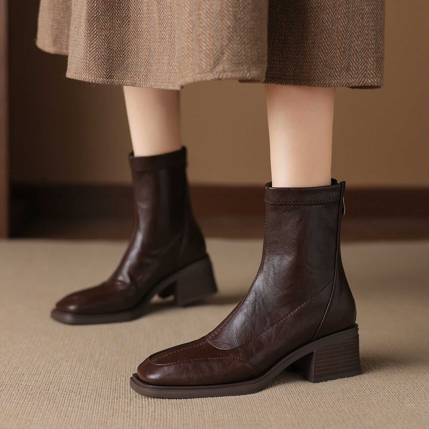 Women's Square Toe Fashion Chunky Short For Autumn Stretch Thin Mid Women's Leather Boots