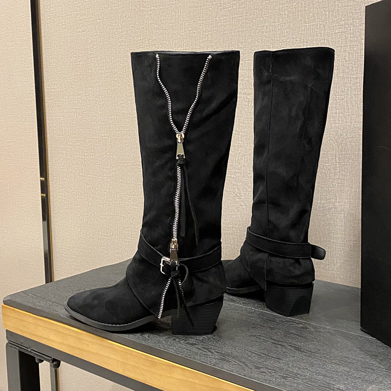 Women's Rub Colored Suede Belt Buckle Side Zipper Pile Style Knight Women's Leather Boots