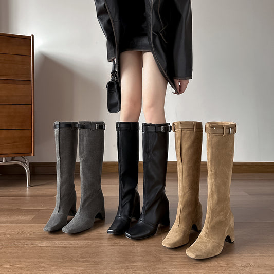 Women's Bottom Chunky Knight Retro Gray Pile Women's Leather Boots