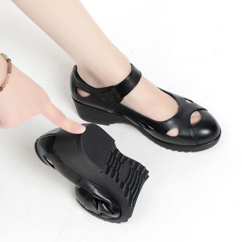 Women's Single Mid Thick Cheongsam Catwalk Perforated Casual Shoes