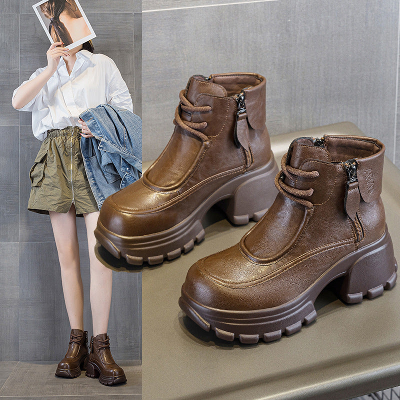Women's Brown Winter Small Martin Thick Ankle Bottom Height Increasing Women's Cotton Shoes