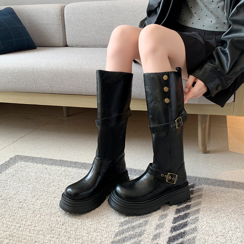 Women's Retro Platform Long Thick Leg Widened Tall Women's Leather Boots
